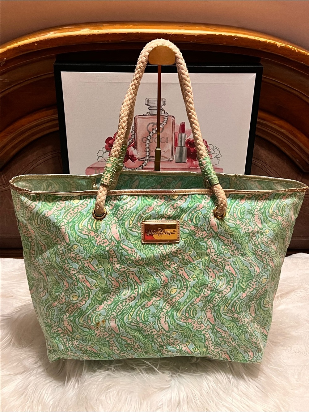 Lilly Pulitzer Green & Pink Patterned Tote with Braided Rope Handles